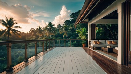 Luxury tropical villa balcony at sunset overlooking lush jungle and palm trees