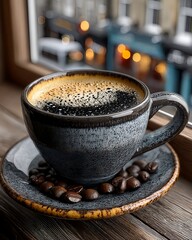 A high-end ceramic coffee cup on a wood surface illuminated by natural light during a gentle snowfall