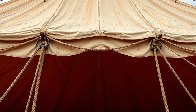 Dusty, faded circus tent canvas detail, worn ropes & rusted metal hardware,  background,  retro