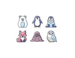 Cute Arctic Animals Icon Set Featuring a Polar Bear, Penguin, Fox, Walrus, and Owl