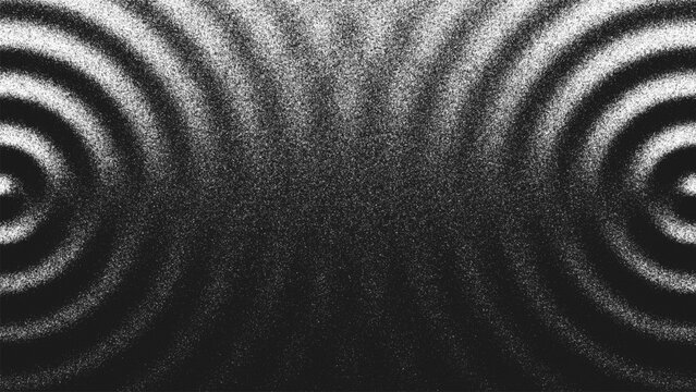 Stippling artwork with intersecting wave fields made from countless dots. Concentric circles expand from both sides forming symmetrical interference. Minimal black and white design with optical depth