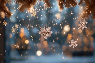 beautiful snowflakes falling through the air, with a blurred background of bokeh lights from pine trees and warm colors, creating an enchanting winter scene, for festive greeting cards Generative AI