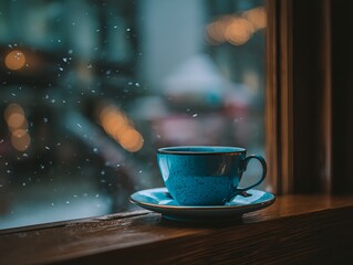 A textured ceramic cup of cappuccino with latte art resting beside a window with snow and golden bokeh lights