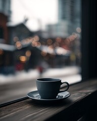 A steaming cup of black coffee by the frosty window with snow-covered buildings softly glowing in the distance
