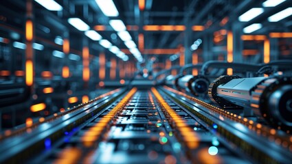 Futuristic automated factory assembly line with glowing orange lights and robotic components