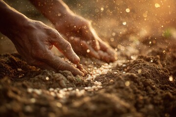 Hands plant seeds in fertile soil during sunset at a rural farm