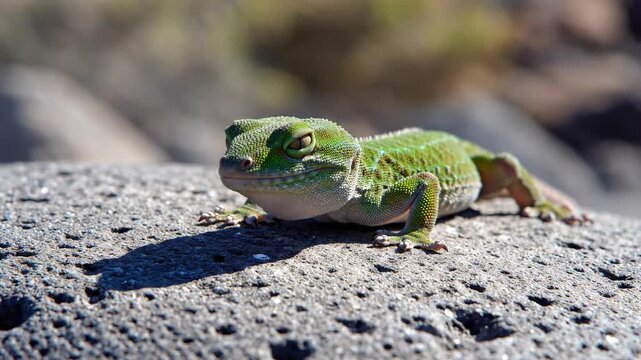 Green gecko rests on textured stone bathed in warm sunlight showcasing its scales and eye detail