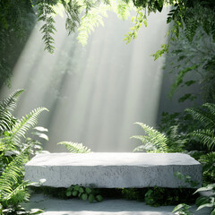 森に差し込む強い木漏れ日と石のポディウム。ドラマチックで神秘的なエコ・SDGsコンセプトの3D背景素材。 ( Strong sunbeams filtering into the forest and stone podium. Dramatic and mystical 3D background material for Eco/SDGs concepts.)