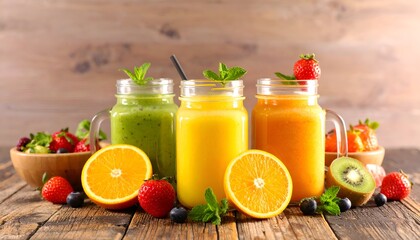Colorful and Refreshing Fruit Smoothies on Wooden Table.