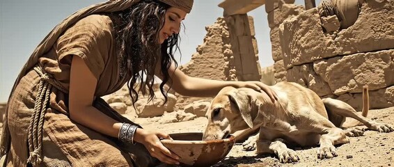 Young woman in ancient clothing giving water to a thirsty Saluki dog in desert ruins