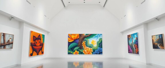 High ceilings, minimalist white walls, spotlight on artwork, installation, texture
