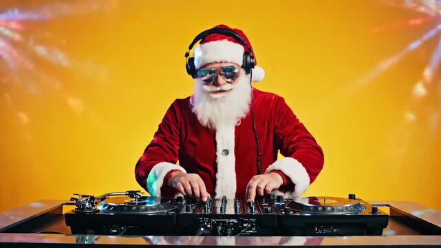 Santa claus dj mixing music holiday entertainment concept