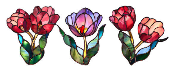 Elegant Stained Glass Tulips in Dusky Pink and Amethyst Hues for Botanical Decor