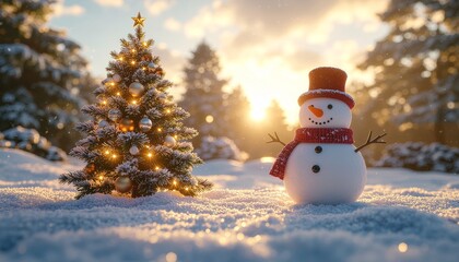 Obraz premium Magical Winter Sunset: Illuminated Christmas Tree & Adorable Snowman in Snowy Forest