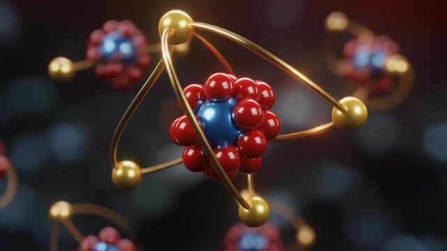 Abstract Atomic Structure With Blue Nucleus Red Protons And Gold Electrons