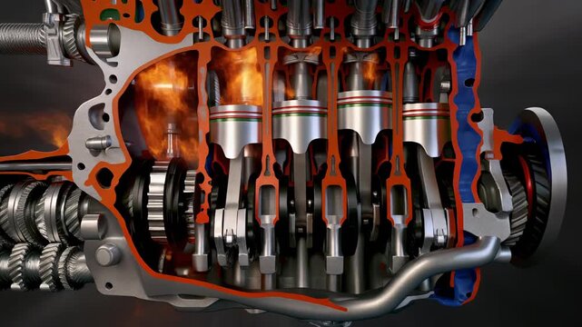 Detailed Cross Section Of A Four Cylinder Internal Combustion Engine With