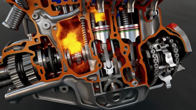 Detailed Internal Combustion Engine Cutaway Showing Pistons Cylinders and