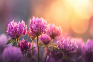 Close Up Pink Clover Flowers Field Golden Hour Soft Focus Bokeh Background Warm Sunlight