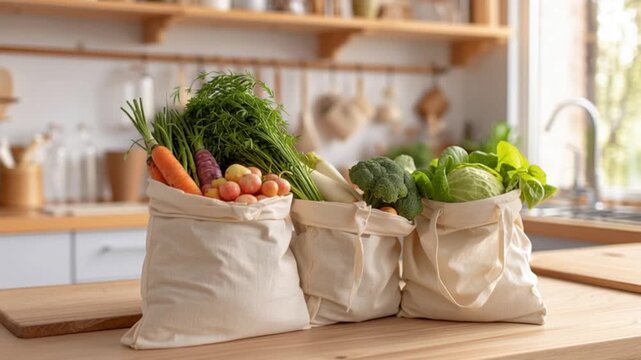 Reusable grocery bags filled with a variety of fresh vegetables on a modern kitchen counter, concept of environmental sustainability