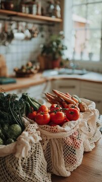 Reusable grocery bags filled with fresh produce on a modern kitchen counter, concept of environmental sustainability