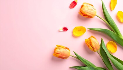 Elegant floral flat lay with orange tulips on pink background.