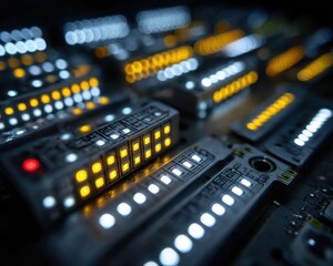 Abstract Circuit Board with Illuminated LED Lights and Patterns