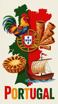 Colorful Portugal travel illustration with national symbols, rooster of Barcelos, map flag, pastel de nata, sailing ship and cinnamon