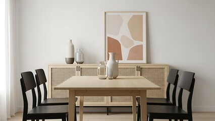 Modern minimalist dining room interior with wooden table and chairs.