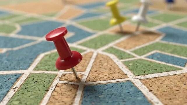 Red Pushpin Marking a Specific Location on a Textured, Abstract Map-like Surface with Blurry Background Pins, Symbolizing Travel, Planning, or Dest...