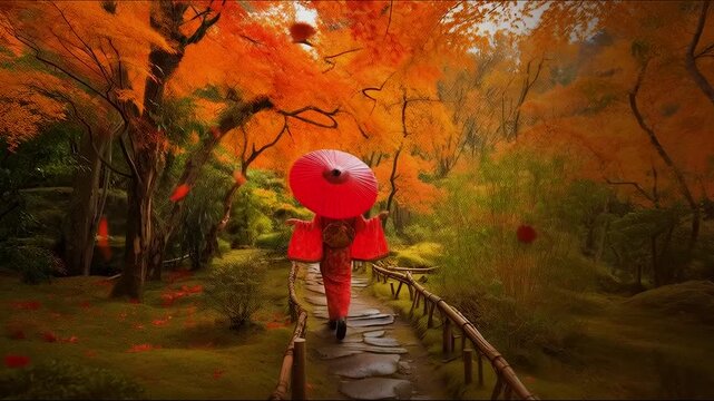 Japanese Woman Walking Through Autumn Garden With Red Parasol Rear View