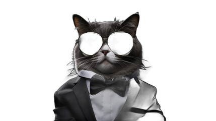 A sophisticated grey cat wearing a black tuxedo, a white shirt, a black bow tie, and stylish sunglasses, looking directly at the camera.