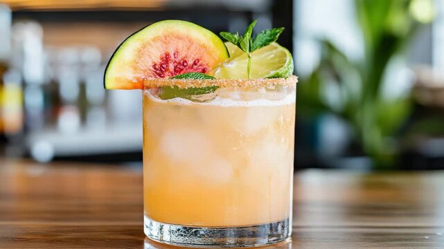 Peachy guava lime mint cocktail in chilled glass with ice and vibrant citrus garnish