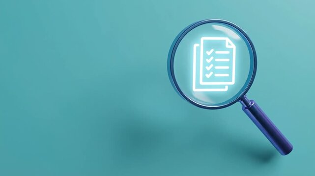Magnifying glass examining glowing checklist documents on a teal background, symbolizing data review, audit, search, verification, and task complet...