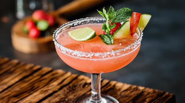 Strawberry lime mint cocktail salted rim cocktail glass wooden table, pink refreshing summer drink