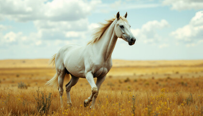 White horse running across a golden summer field under a soft sky