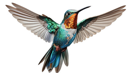 A stunningly detailed illustration of a ruby-throated hummingbird suspended in flight with its wings outstretched.