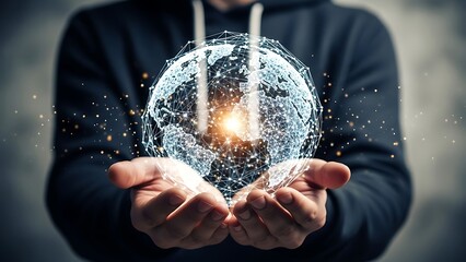 Person holding a digital sphere representing global technology and connection.
