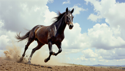 Obraz premium Galloping horse under bright blue sky with flying dust