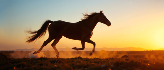 Silhouette horse running with warm horizon light © NgA-Space
