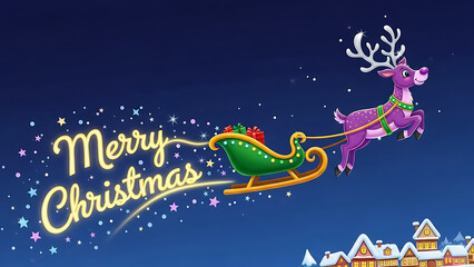 Fototapeta premium A purple reindeer pulling a sleigh with presents and 