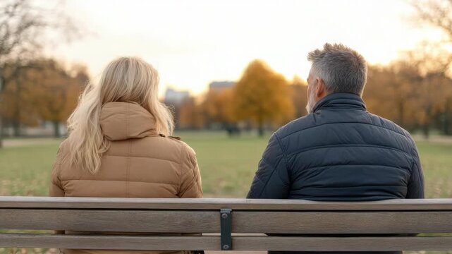 Couple bench park autumn evening back view. middle aged to elderly sitting bench sunset
