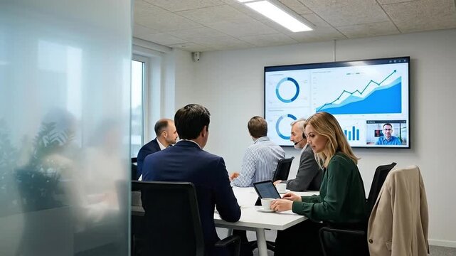 Diverse Business Professionals Collaborating on Data Analytics and Video Conferencing in a Modern Office Boardroom