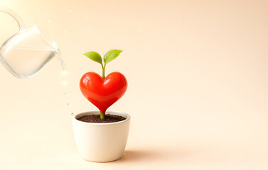 Heart-Shaped Plant Growing in Pot with Watering Can, Generative AI
