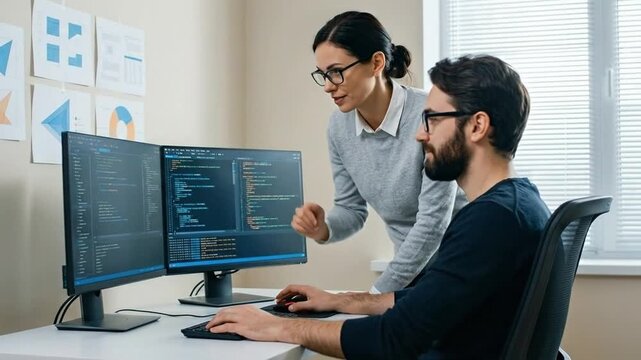 Software Developers Collaborating on Code, Discussing Project on Dual Monitors in a Modern Tech Office