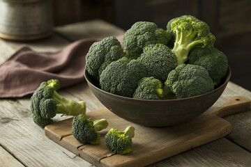 Fresh broccoli florets spilling from rustic bowl on wooden board offer healthy eating and vibrant culinary potential now