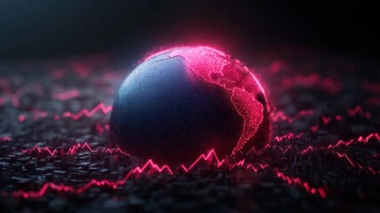 Neon globe digital network visualization with glowing data lines over futuristic cityscape into - Powered by Adobe