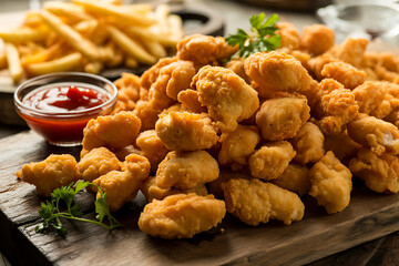 Crispy golden chicken nuggets with french fries and ketchup for a delicious party snack or easy weeknight dinner idea anyone will love