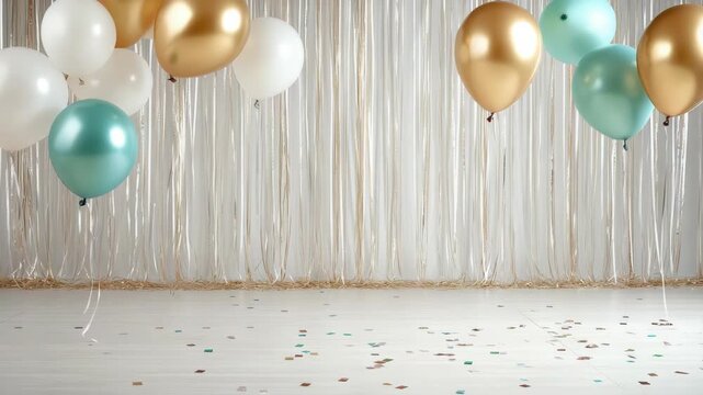 Gold teal white balloon confetti metallic curtain backdrop festive indoor scene with scattered