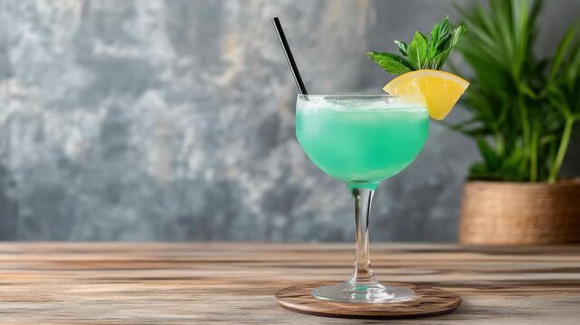 Tropical turquoise cocktail drink with lemon and mint garnish, refreshing vibrant summer cocktail