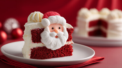 santa red velvet cake slice, christmas santa cake dessert, festive holiday cake slice
